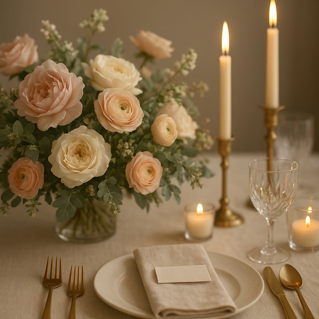 Edle Details eines Eventstylings mit Blumen und Kerzen